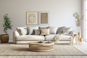 White sofa with mixed pattern cushions, framed art, wooden table in modern living space. Contemporary living room design.