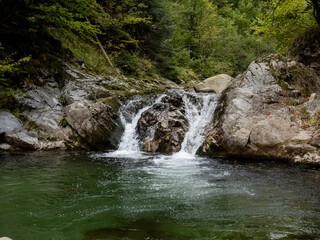 Beautiful waterfall in Cheile Galbenului gorge, Baia de Fier, Gorj, Romania