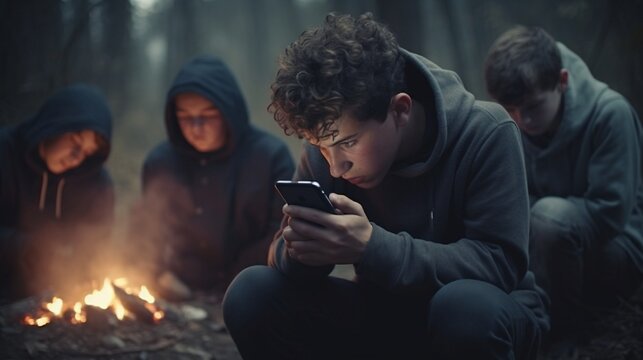 Friends bullying to a sad boy and taking photos with a smartphone for the social network full ultra HD, High resolution