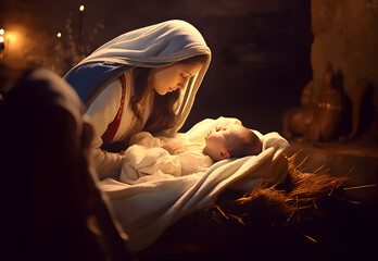 Mary and the baby Jesus, Son of God, Christmas story, Christmas night - obrazy, fototapety, plakaty