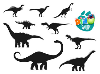 Dinosaur, extinct prehistoric animals silhouettes. Jurassic era dinosaur or reptile. Datousaurus, Hypselosaurus, Kentrosaurus and Dubreuillosaurus, Monolophosaurus, Wannanosaurus vector silhouettes