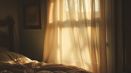 Morning light filters through a bedroom