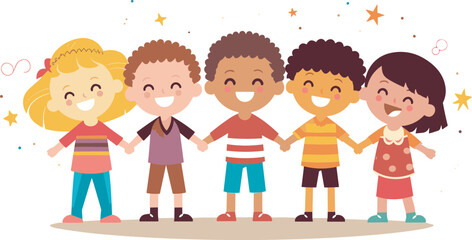 Friendship day banner, cute cartoon friends holding hands each other vector illustration,
