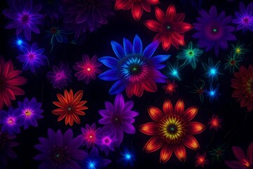 Obraz na płótnie Canvas Bright neon flowers shine in the dark and create a strange brightness. 