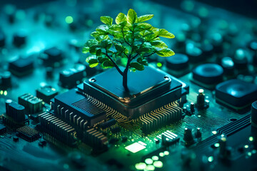 Tree grow on the chip of computer board. Green computing, Green technology, Concept of green technology. Environment green technology. - obrazy, fototapety, plakaty
