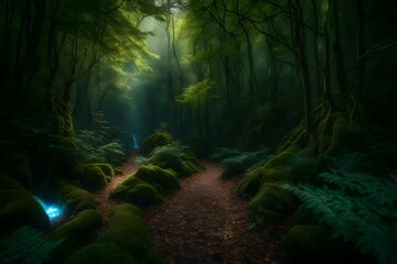 Obraz premium A fantastic, enchanted woodland with intelligent animals and secret pathways.