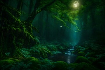 Fototapeta na wymiar A magical, moonlit woodland filled with fairies and unicorns.