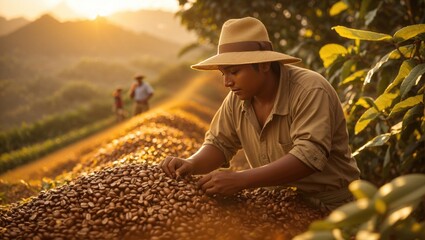 "Harvesting Coffee Gold: Brazilian Farmers at Dawn"