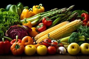 A variety of Fresh Vegetables on a table landscape background with copy space on black background