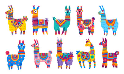 Cartoon llama and alpaca characters. Funny llama animals, South America, Peru or Mexico wild or farm animal isolated vector personages wearing blankets and saddles with mexican ethnic ornaments © Vector Tradition