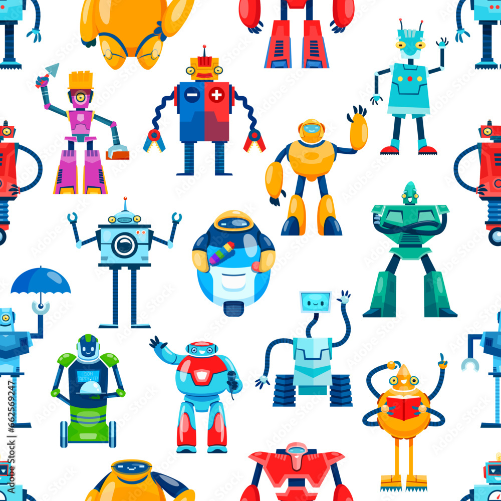 Poster Cartoon robot characters seamless pattern of toy androids, vector background. Kids funny robots, robotic droids and transformer machines, cute space bot and alien cyborg monsters in pattern background