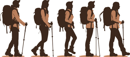 silhouettes of a trekking girl vector - obrazy, fototapety, plakaty