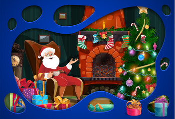 Cartoon paper cut banner with Santa near holiday fireplace and pine tree. Christmas holiday layer background or New Year paper cut vector backdrop with Santa Claus character, Christmas stockings