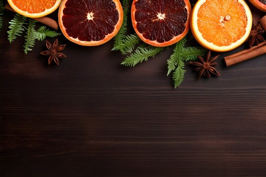 Orange And Grape Fruit Dried Slices With Star Anise And Fir Tree Christmas Branches, Wood Banner Background Mockup With Copy Space