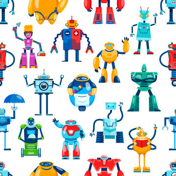 Cartoon robot characters seamless pattern of toy androids, vector background. Kids funny robots, robotic droids and transformer machines, cute space bot and alien cyborg monsters in pattern background