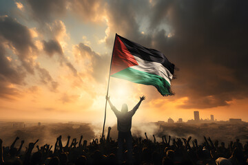 Silhouette of a Palestinian man waving Palestine flag over people.