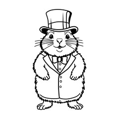 Groundhog Day February 2nd. Cute baby animal beaver. Coloring book Groundhog Day in a top hat and frock coat. Meteorologist