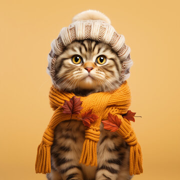 Cute cat dressed in winter clothes ready for fall season - ai generative