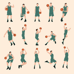 Fototapeta na wymiar Vector illustration of 15 basketball player passing,shooting,skill,collection,set isolated