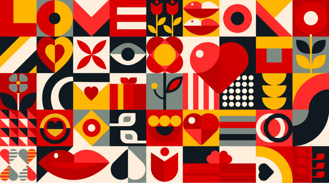 Valentines Day geometric bauhaus pattern. Love hearts vector background of romantic holiday geometry mosaic. Abstract bauhaus pattern with pink hearts, flowers, gifts and red lips, eyes and kisses