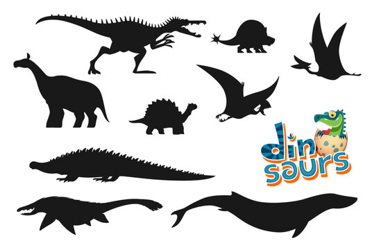 Cartoon dinosaurs funny personages silhouettes. Baryonyx, Doedicurus, Quetzalcoatlus and Indricotherium, Carbonemys, Tapejara and Sarcosushus, Mosasaurus aquatic and flying dinosaurs silhouettes set