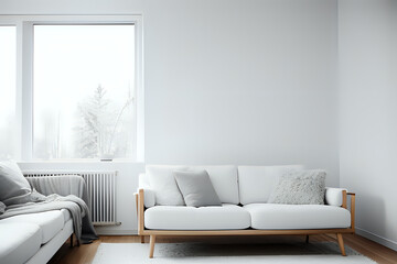 White minimalist living room interior with sofa on a wooden floor, decor on a large wall, white landscape in window. Home nordic interior. Modern living room