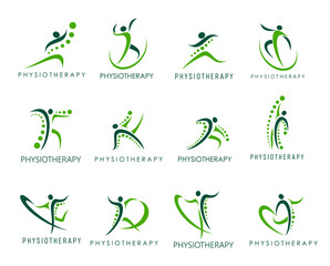 Physiotherapy icons. Spine, back pain, body health, chiropractic massage, therapy. Vector physical and orthopedic rehabilitation. Abstract human figure symbols of chiropractor, physiotherapist clinic - obrazy, fototapety, plakaty