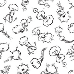 Comic speed motion effect, speed trails seamless pattern background, vector puff clouds. Cartoon doodle pattern of jump or blast bubble and spiral motion air puffs or cloud trails of rocket launch