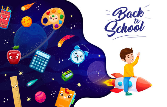 Cartoon kid boy on space rocket in starry galaxy with school supply characters, vector background. Back to school poster with kid spaceman in outer space with school book, ruler, eraser and calculator © Vector Tradition