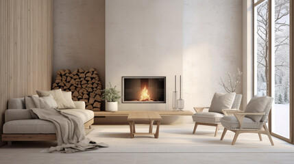 Modernes Wohnzimmer mit beigen und weißen Möbeln, mit Kamin und großen Fenstern im Winter, leere Wand für Bild, skandinavischer Einrichtungsstil