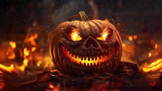 T&ecirc;te de citrouille d'Halloween effrayante en feu