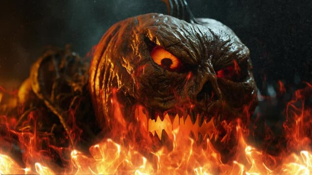 T&ecirc;te de citrouille d'Halloween effrayante en feu