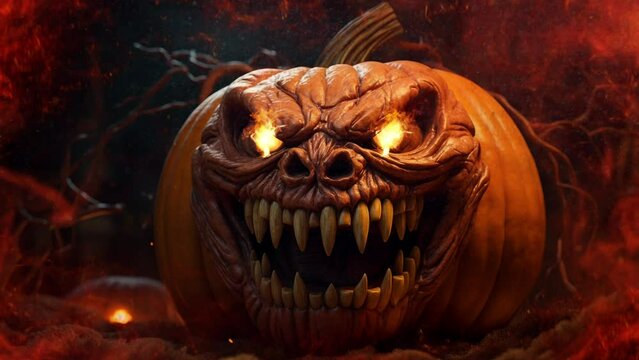 T&ecirc;te de citrouille d'Halloween effrayante en feu