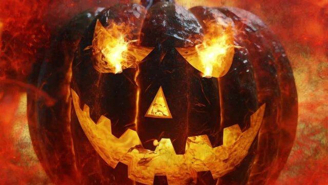 T&ecirc;te de citrouille d'Halloween effrayante en feu