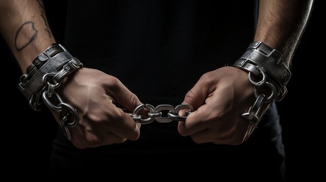 Handcuffs in the hand of young man