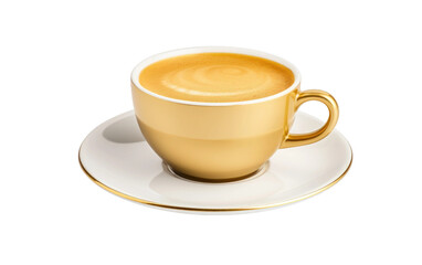 A Golden Coffee Cup on a Plate Isolated on Transparent Background PNG.