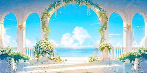 Fototapeta na wymiar Wedding flower arch floral archway anniversary background backdrop art, generated ai 