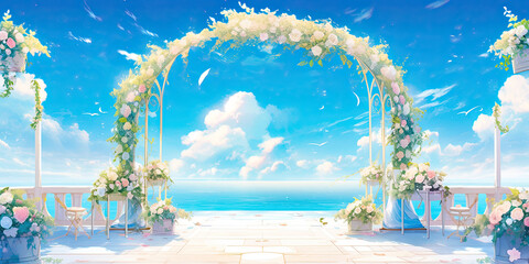 Wedding flower arch floral archway anniversary background backdrop art, generated ai 