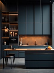 Dark Luxury Kitchen with Marble Accents, Island Furniture, and Pendant Lights