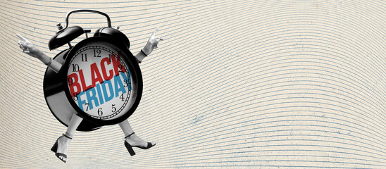 Black Friday sale advertisement with happy alarm clock character