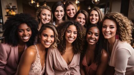 Portrait of group of beautiful young women in pink drees at party, celebrating New year party with freinds and wedding party concept. - obrazy, fototapety, plakaty