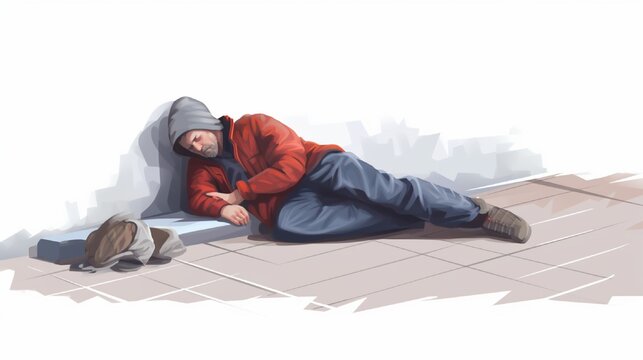 Homeless man is sleeping on the footpath. Homelessness problem illustration vector.