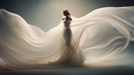 3D render mannequin display Silhouette of a woman draped with white sensual flowing flying silk cloth. for template and presentation. copy text space. - obrazy, fototapety, plakaty