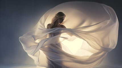 3D render Silhouette of a woman draped with white sensual flowing flying silk cloth. for template and presentation. copy text space.