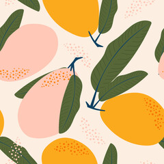 Ripe yellow mangoes. Summer tropical vibe with fruits creates a seamless pattern for modern fabrics and textiles.