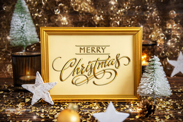 Frame With Words Merry Christmas, Golden Christmas Decoration