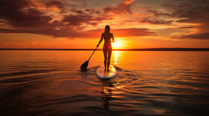 Woman sup board sunset