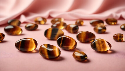 Tiger's eye crystal stones on pink fabric background. 