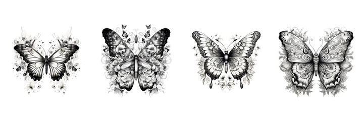 Set of Black and white deadhead butterfly doodle illustration transparent or white background