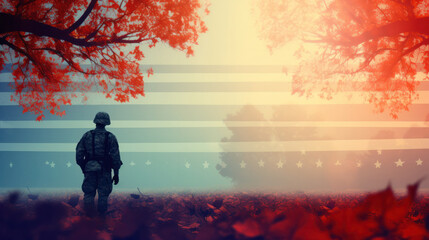 veterans day background with soldier and flag - obrazy, fototapety, plakaty